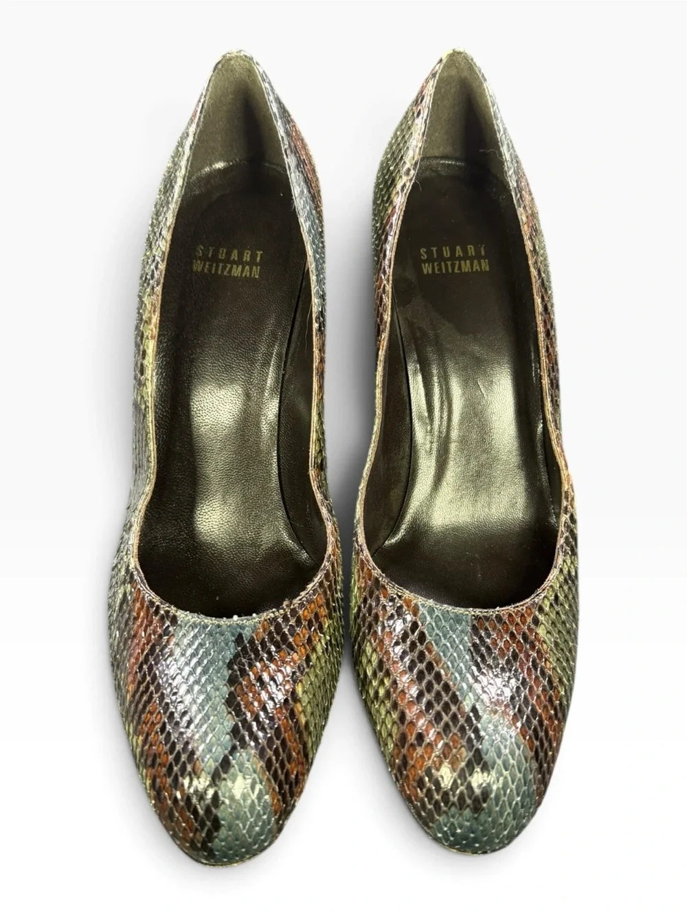 Stuart Weitzman Green Snakeskin-Texture Pointed-Toe Stiletto Pump